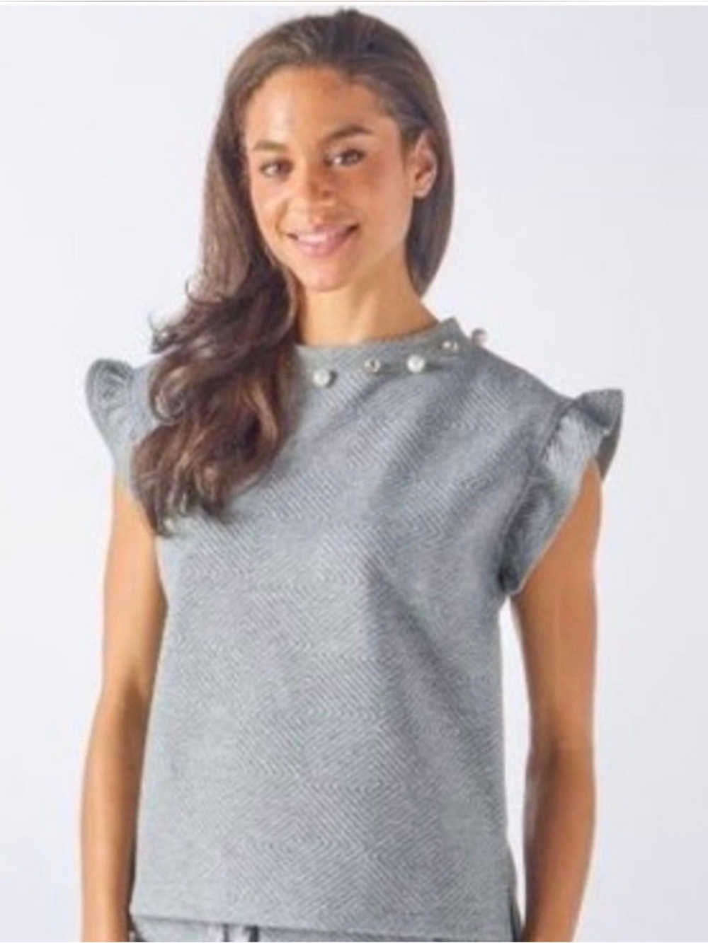 Simply Southern Gray Knit Sweater with Pearl & Rhinestone Neckline super cute